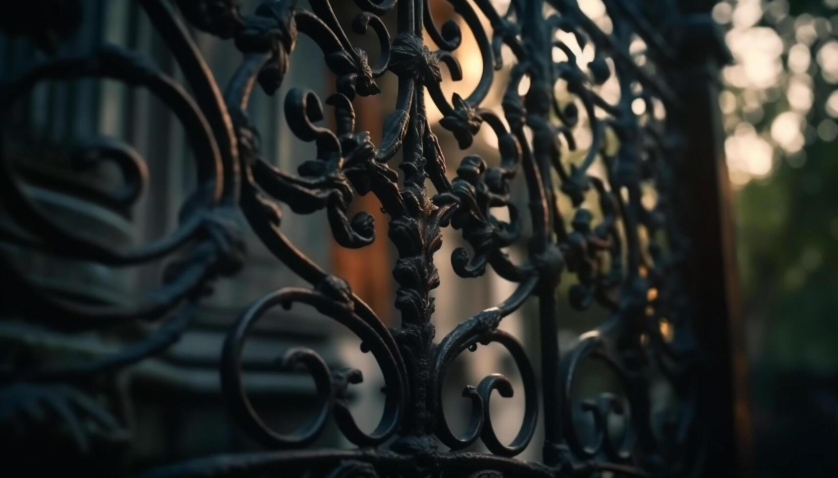 Ornate wrought iron fence with rusty metallic pattern and foliage generated by AI photo