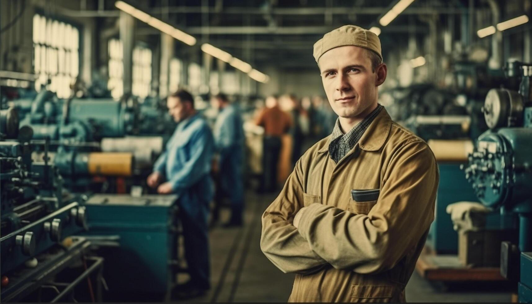 Confident young adult metal worker standing in workshop with machinery generated by AI photo