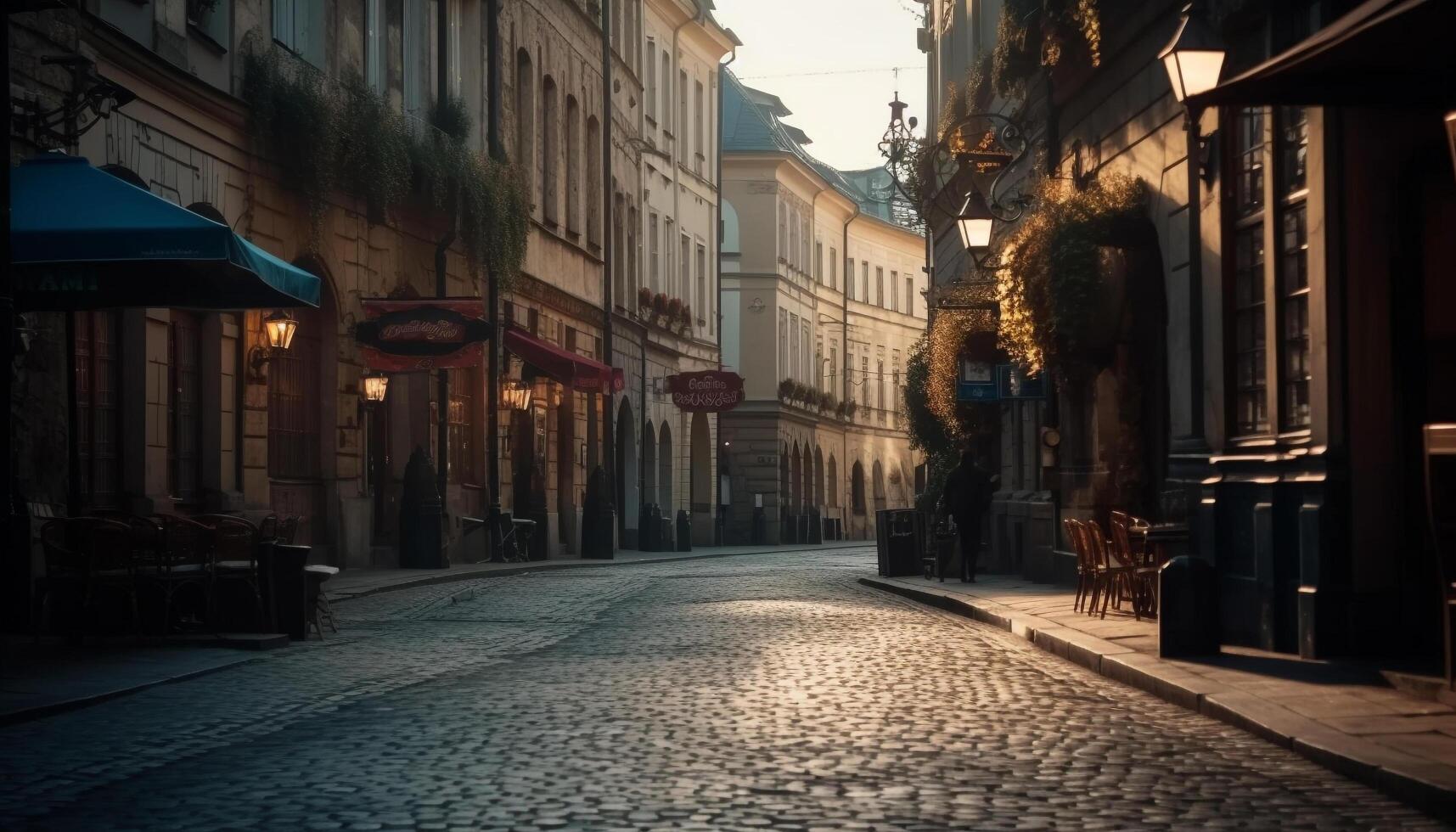 Medieval cityscape illuminated by old fashioned lanterns at dusk generated by AI photo