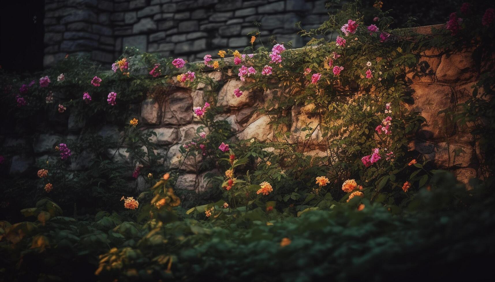 Vibrant flower heads adorn old building feature in rural meadow generated by AI photo