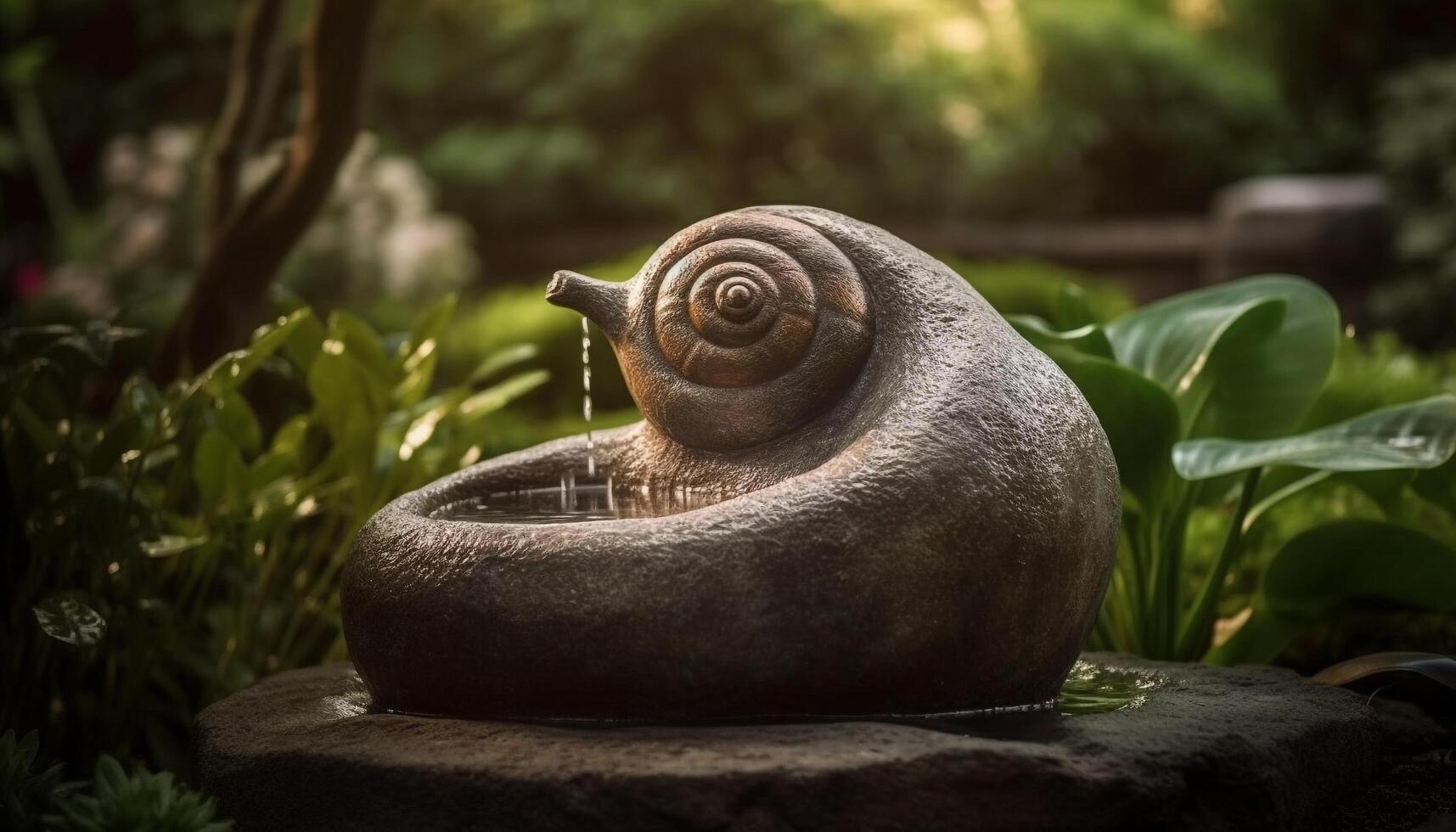 Slimy snail crawling on green leaf in formal garden generated by AI photo