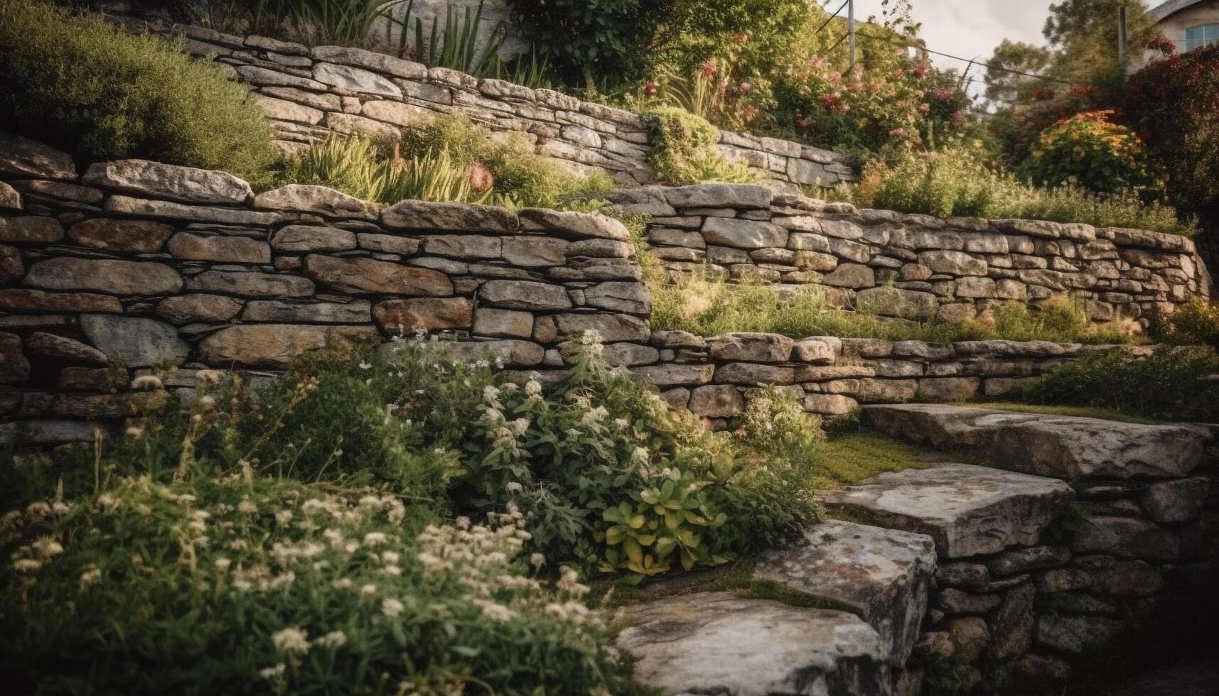 Tranquil staircase surrounded by ancient stone walls in formal garden generated by AI photo