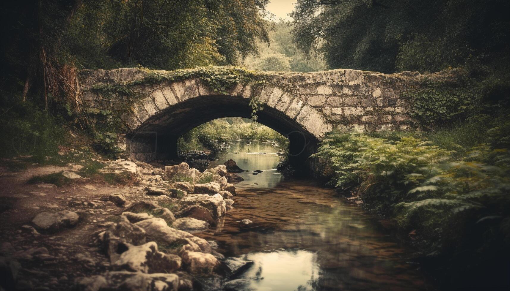 Ancient bridge arches over tranquil pond in lush green forest generated by AI photo