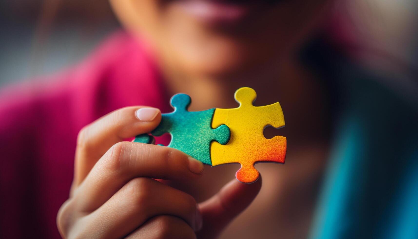 Successful teamwork connects ideas for creative jigsaw puzzle solution generated by AI photo