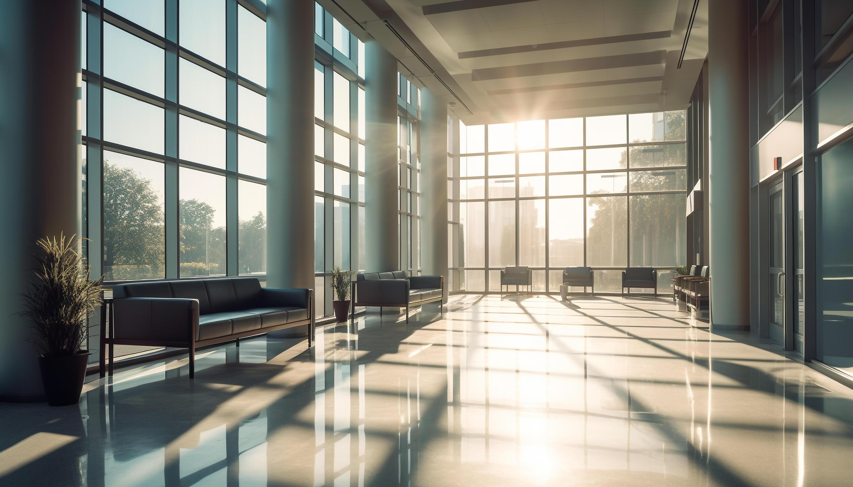 Modern office design with bright, clean interiors and futuristic