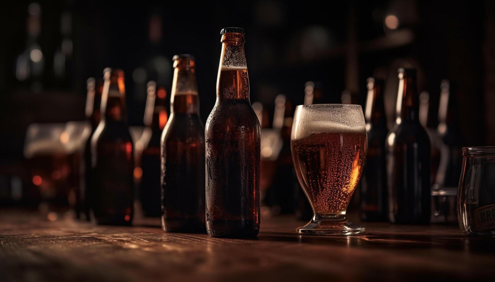 oscuro líquido en cerveza botella en mesa a bar establecimiento generado por ai foto