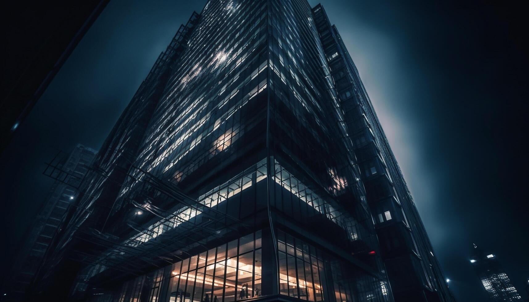 futurista rascacielos refleja ciudad vida en moderno financiero distrito a oscuridad generado por ai foto