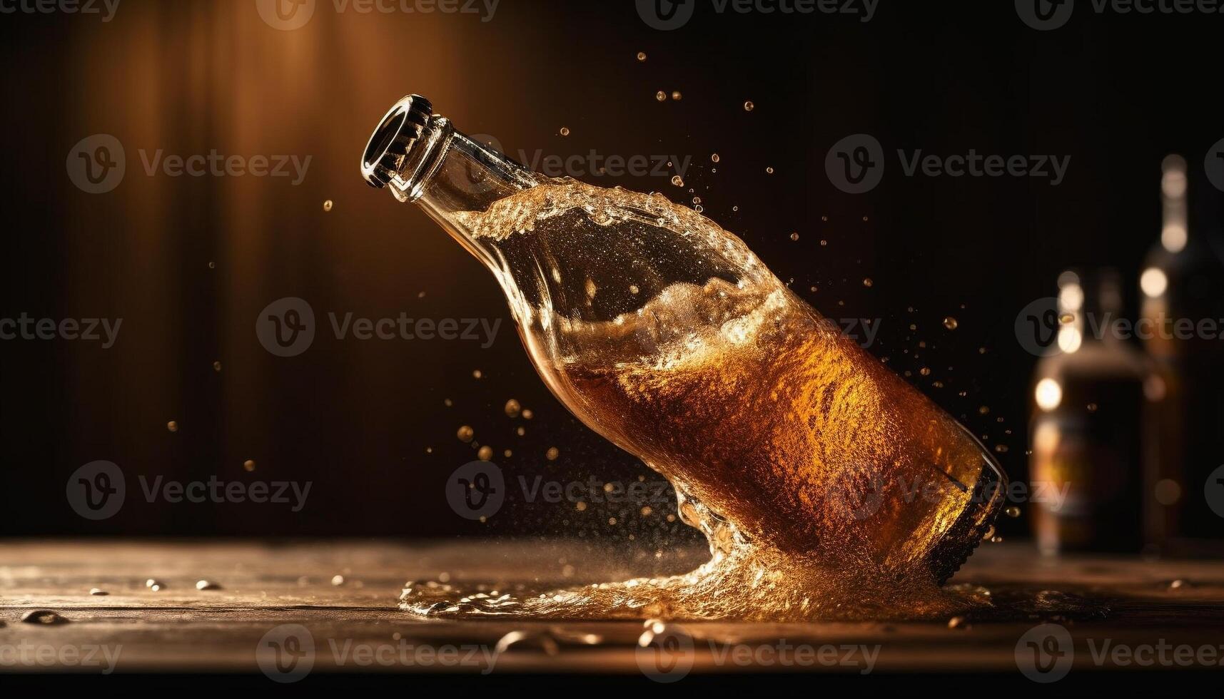 A refreshing drink pouring from a bottle on a table generated by AI photo