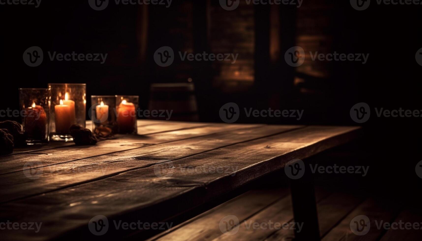 Candle burning on rustic wood table illuminates dark night atmosphere generated by AI photo