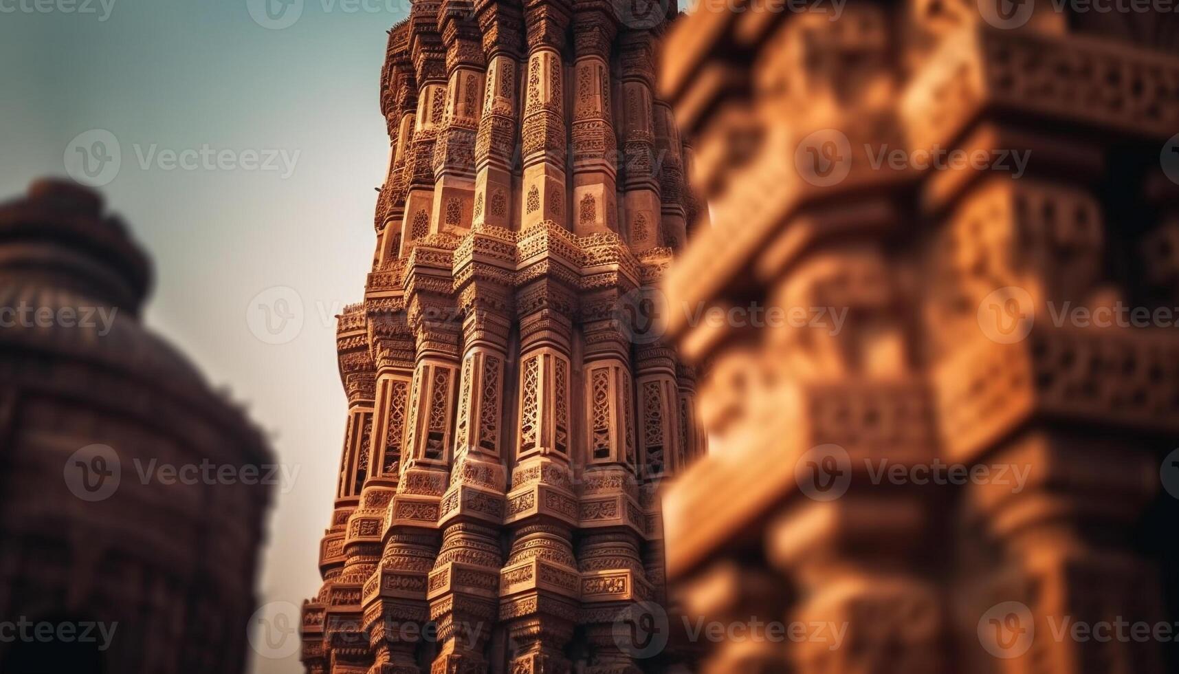 Ancient sandstone monument adorned with ornate sculptures, illuminated at night generated by AI photo