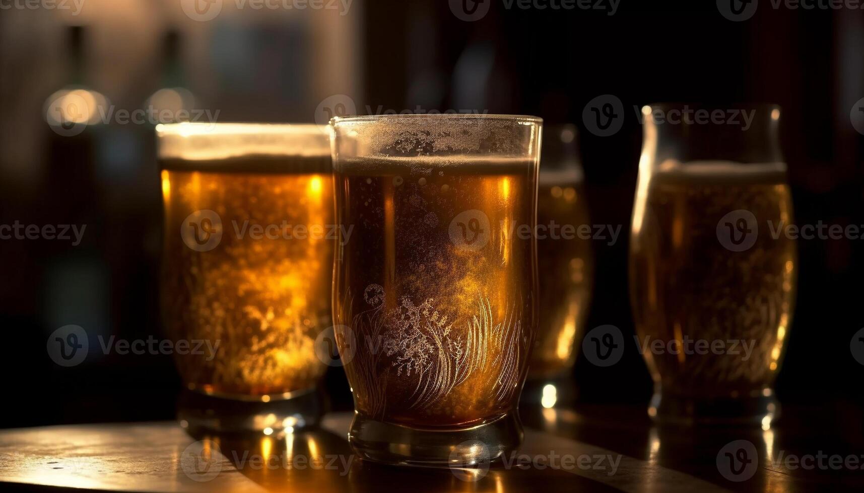 Foamy beer poured into a pint glass on a bar counter generated by AI photo