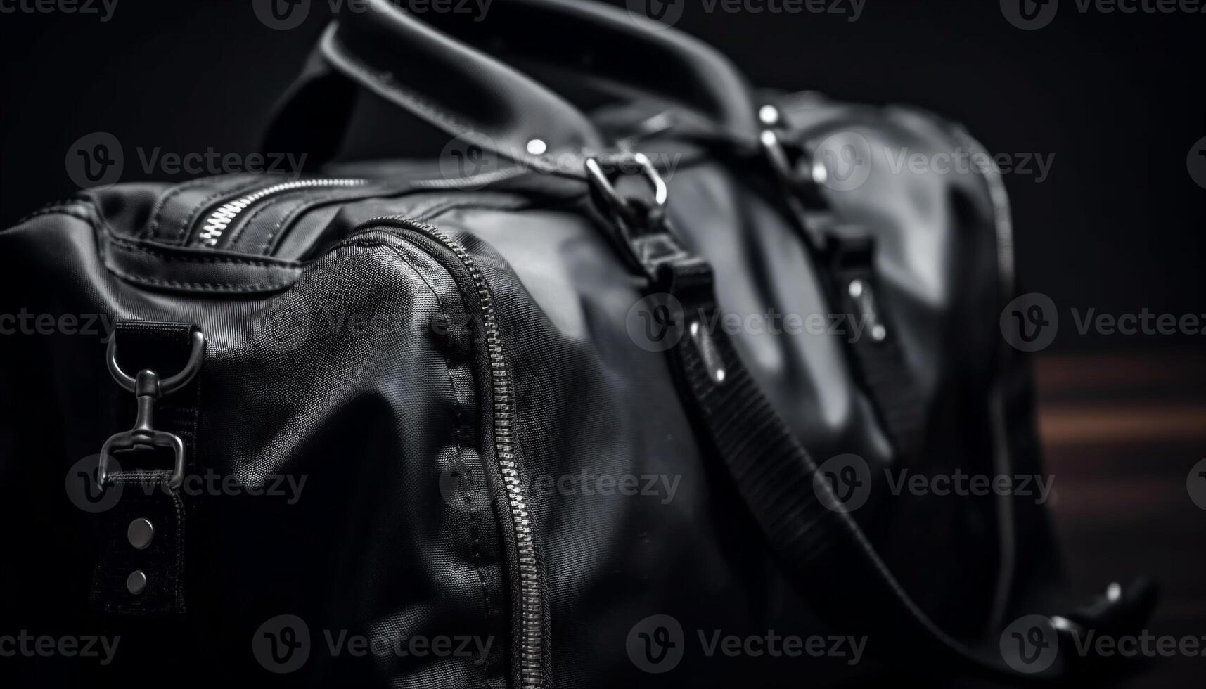 negro cuero mochila con metal hebilla y cremallera fijación generado por ai foto