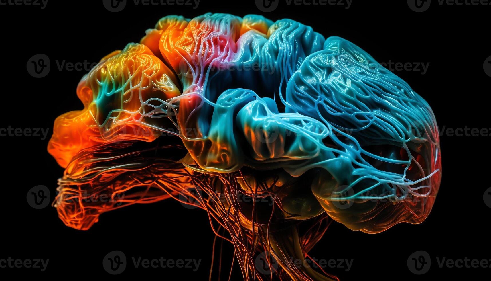 Abstract illustration of human brain with flowing multi colored synapses generated by AI photo