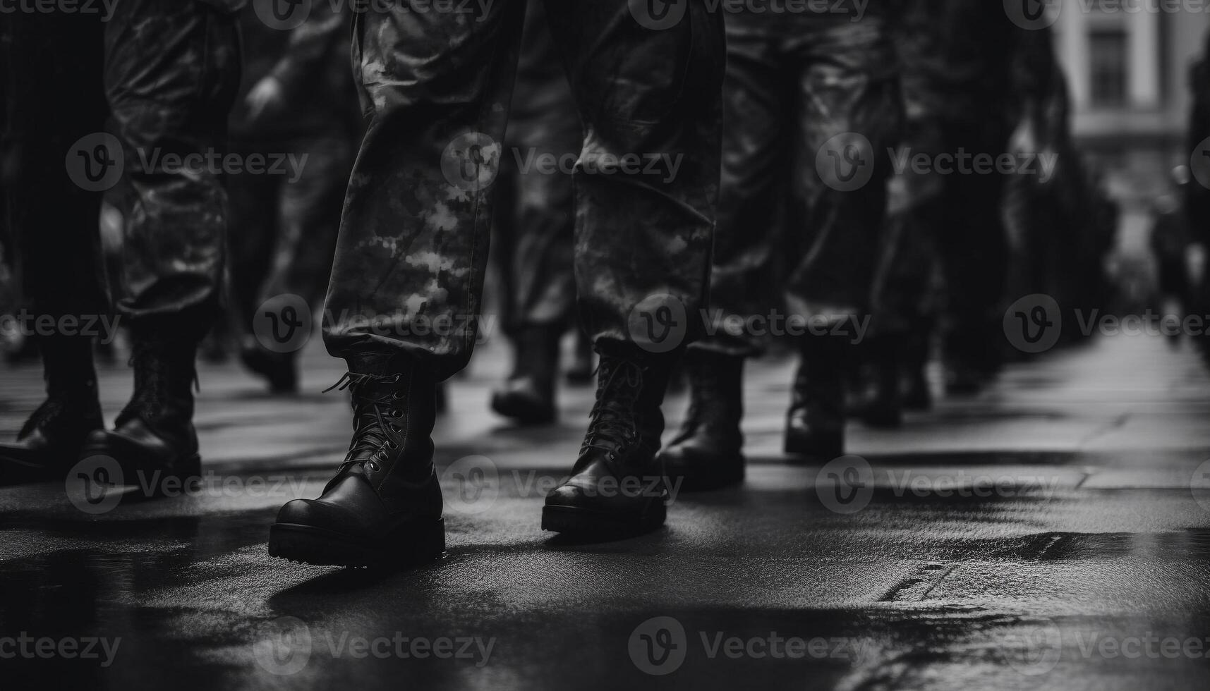 Army platoon marching in black and white uniform through city street generated by AI photo