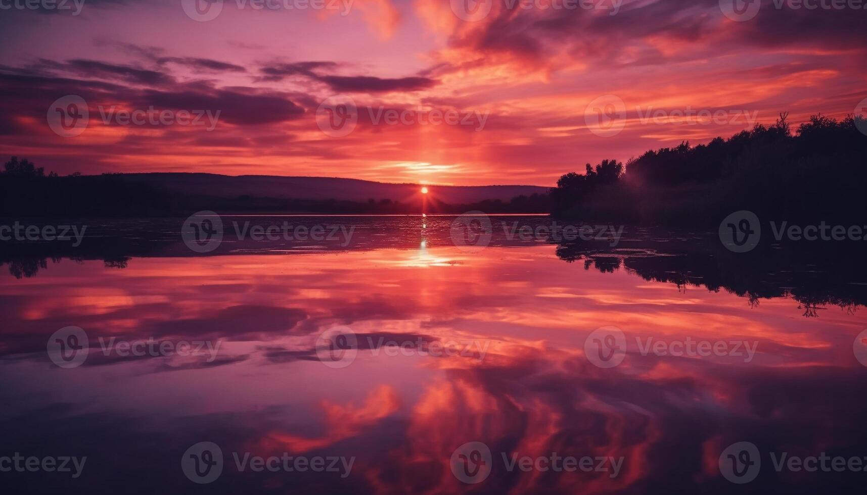 Vibrant sunset reflects tranquil beauty in nature over rural landscape generated by AI photo