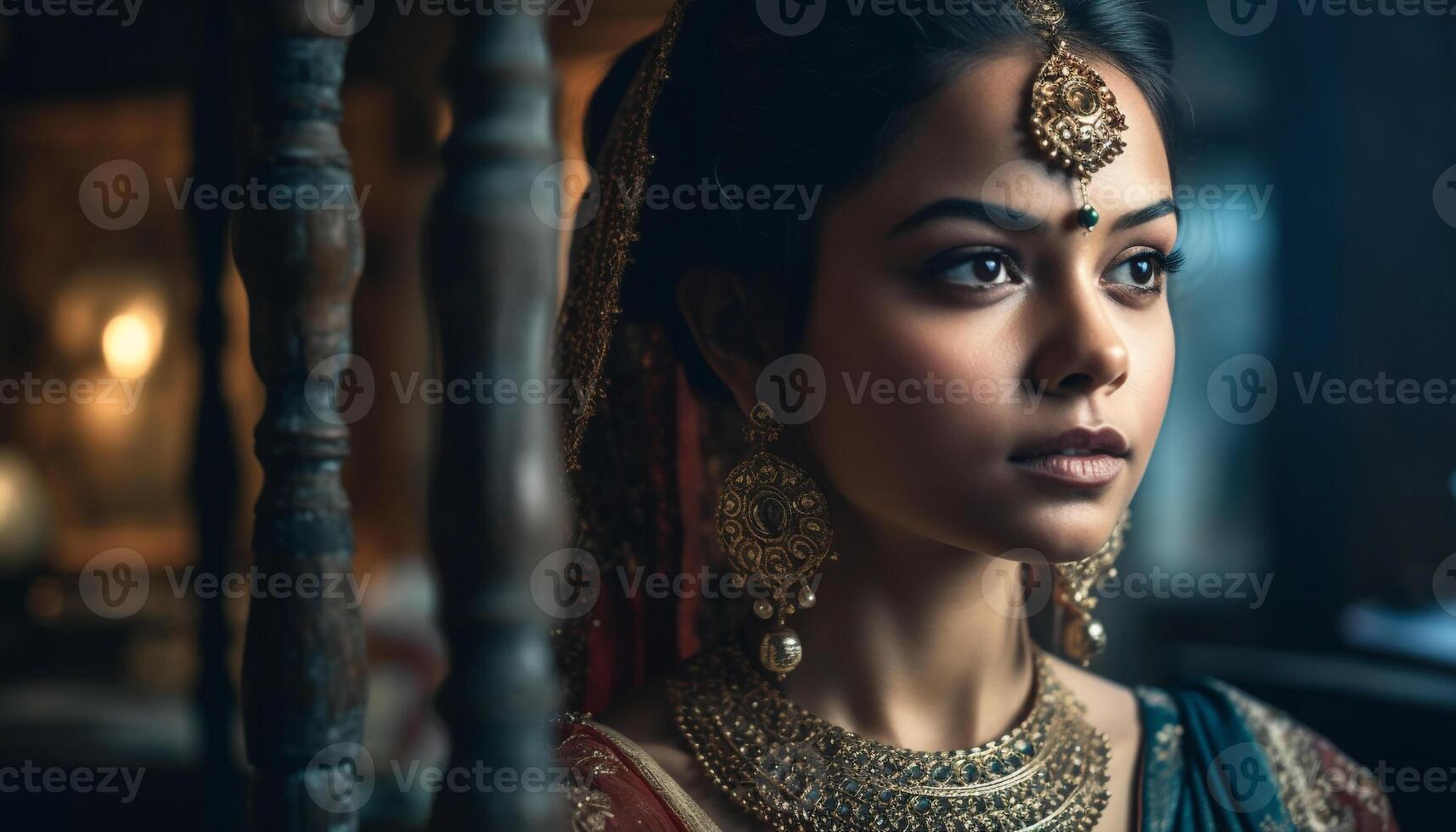 Beautiful young Indian woman exudes elegance and confidence in jewelry generated by AI photo