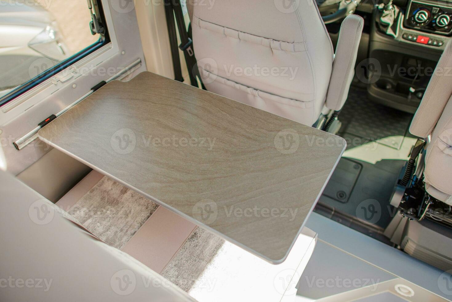 Camper Van Dinning Table Recreational Vehicle Elegant Interior. photo