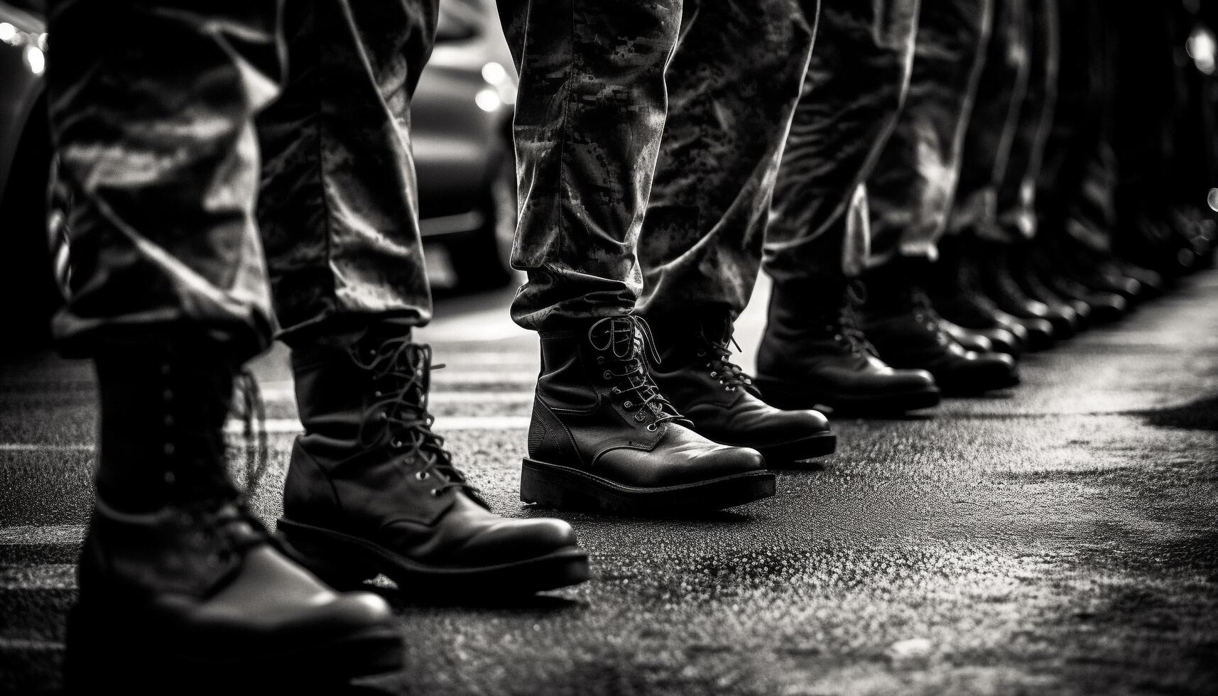 Army veterans march in unison, showcasing their patriotism and togetherness generated by AI photo