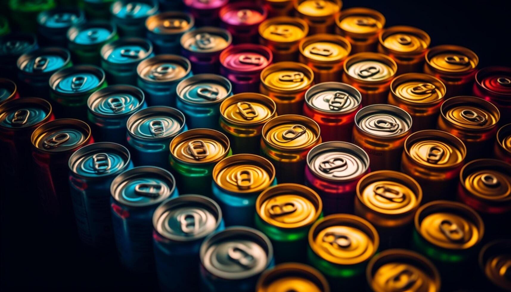 A row of old metallic bottles in blue and yellow generated by AI photo