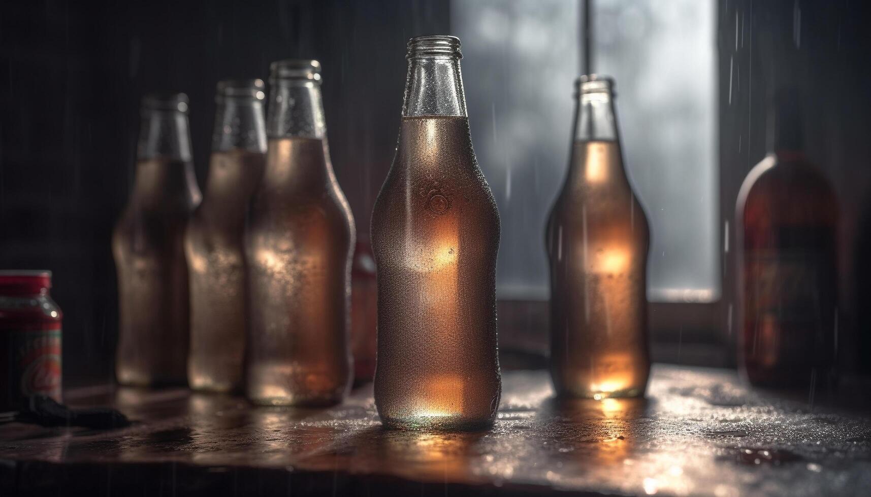 oscuro líquido en vaso botella en mojado mesa refleja industria equipo generado por ai foto