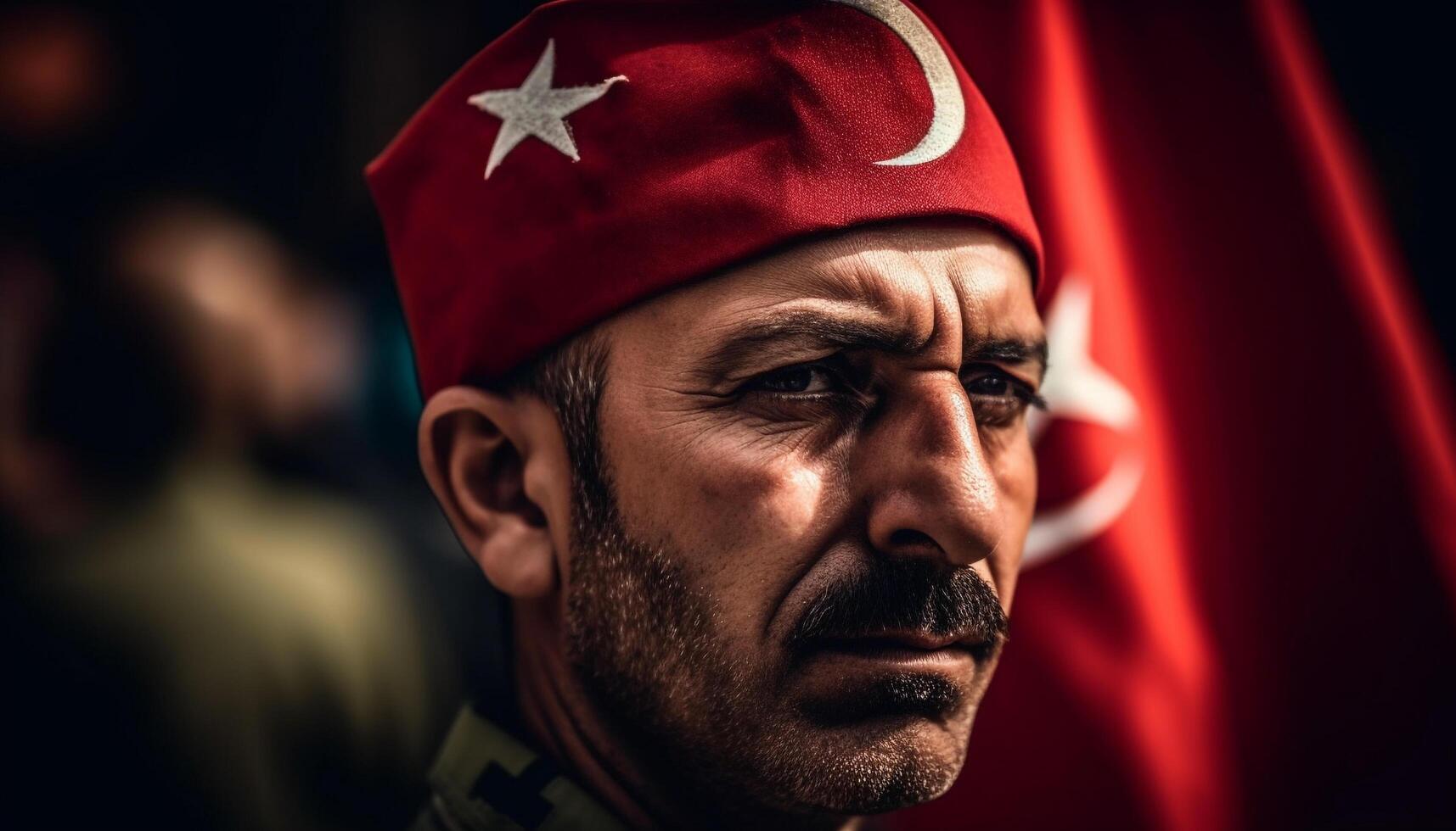 Serious adult male performer in turban with elegant mustache generated by AI photo