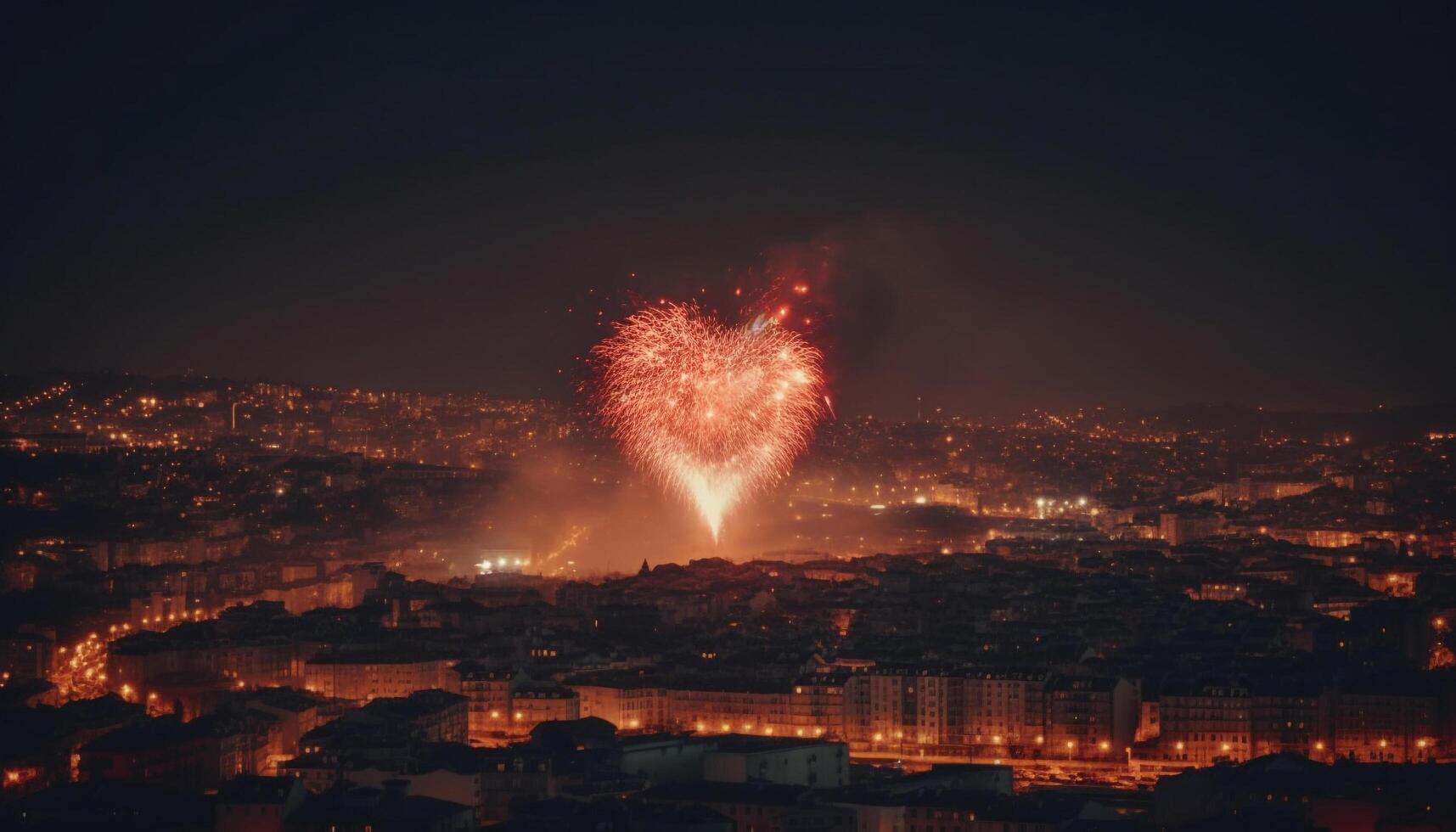 Glowing cityscape ignites with multi colored fireworks exploding outdoors at dusk generated by AI photo