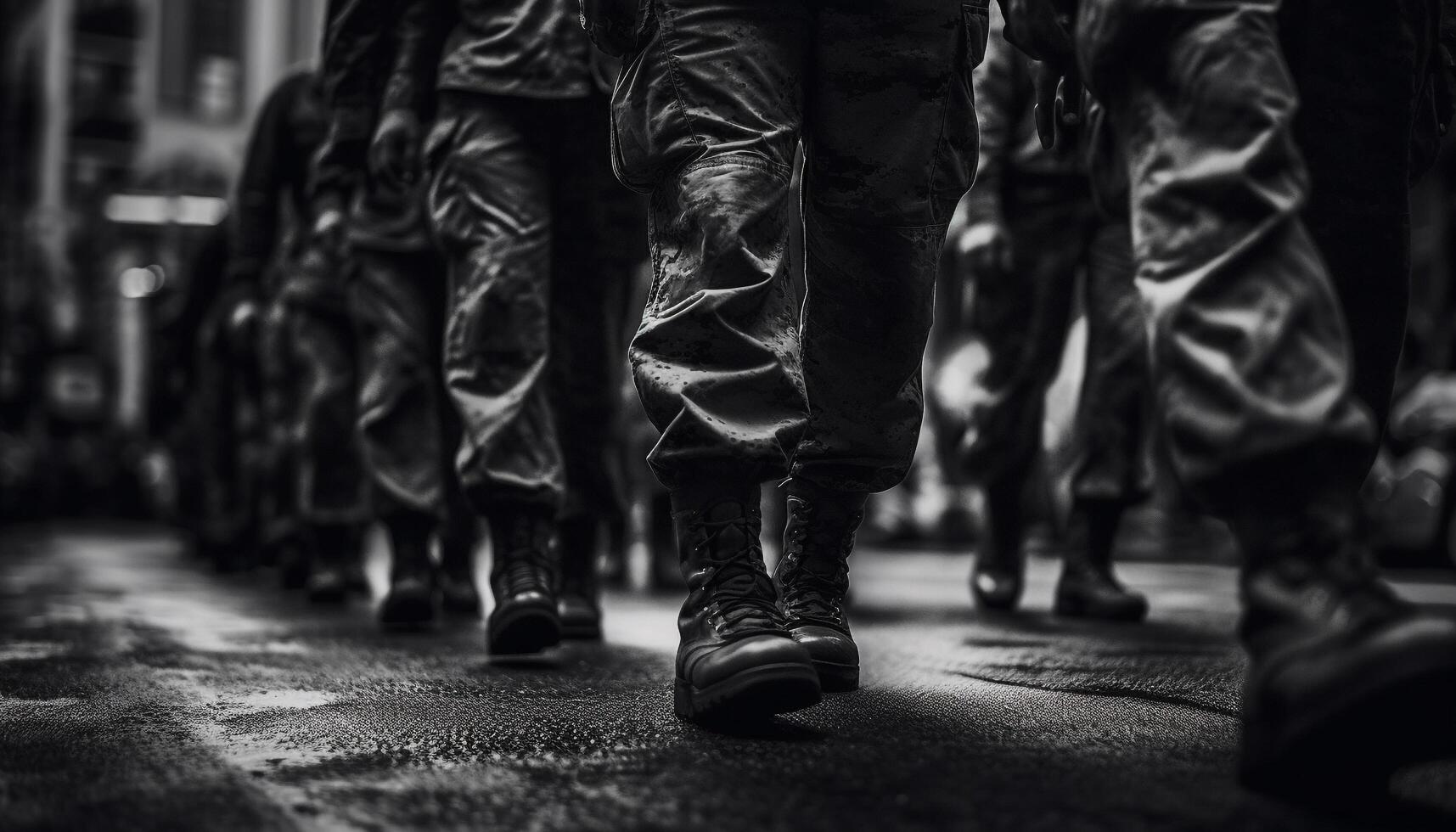 Army soldiers in black and white uniform marching with rifles generated by AI photo