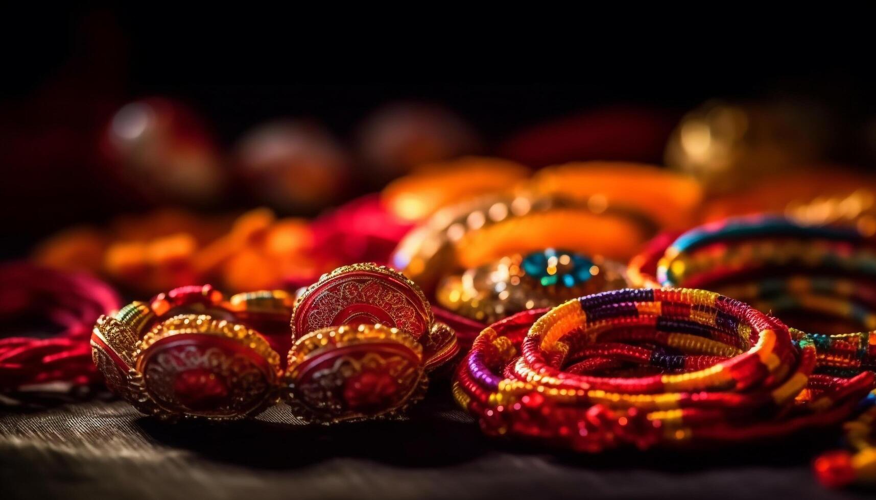 Vibrant Indian jewelry collection showcases ornate bead craft and spirituality generated by AI photo