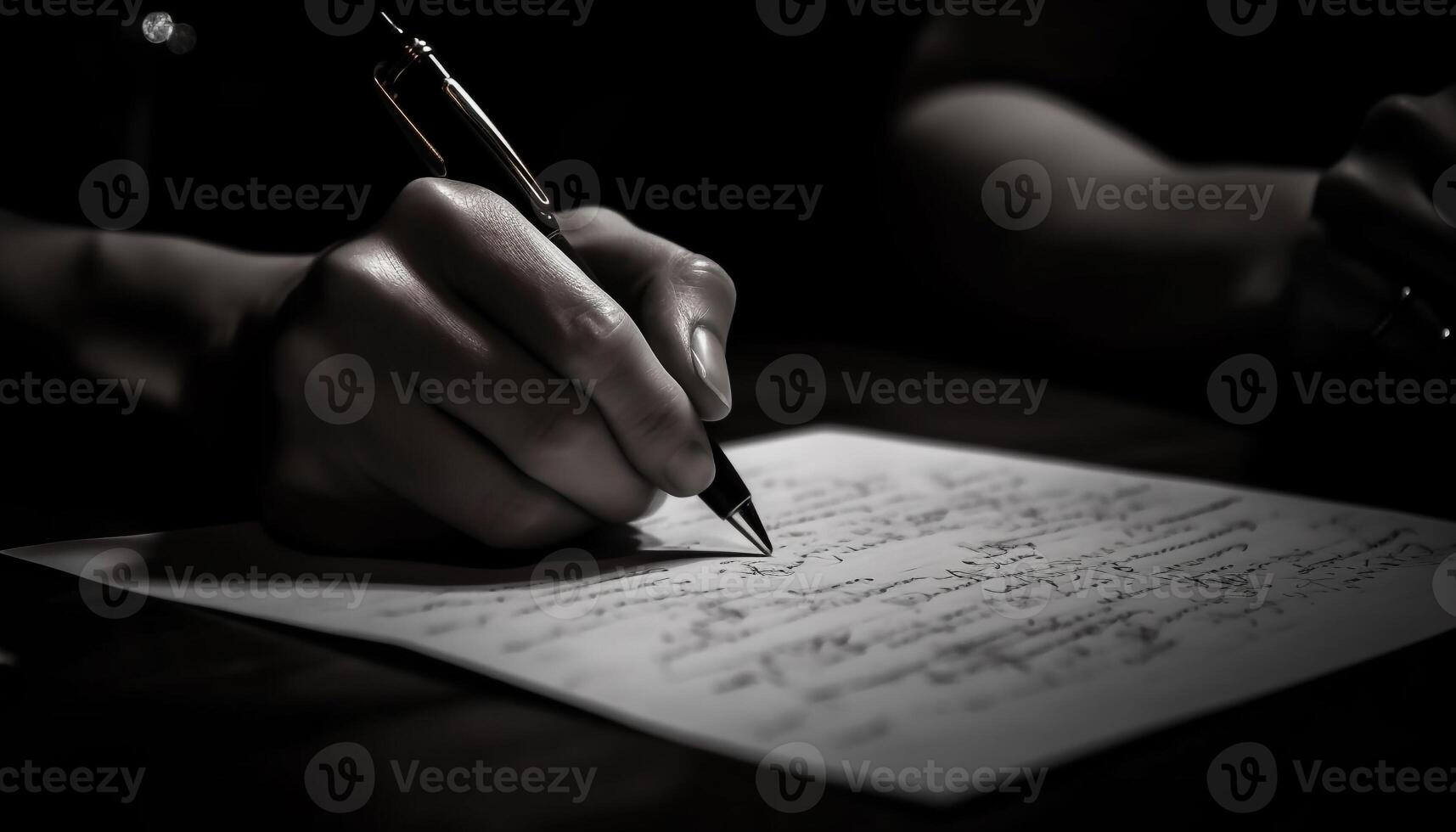 Hand holding pen, focusing on foreground, signing sheet music document generated by AI photo