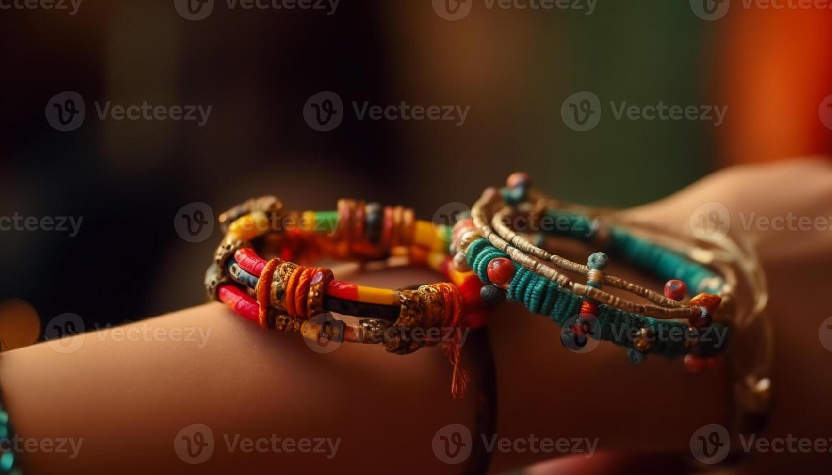 Indigenous bride homemade jewelry showcases multi colored gemstone bead bracelet generated by AI photo