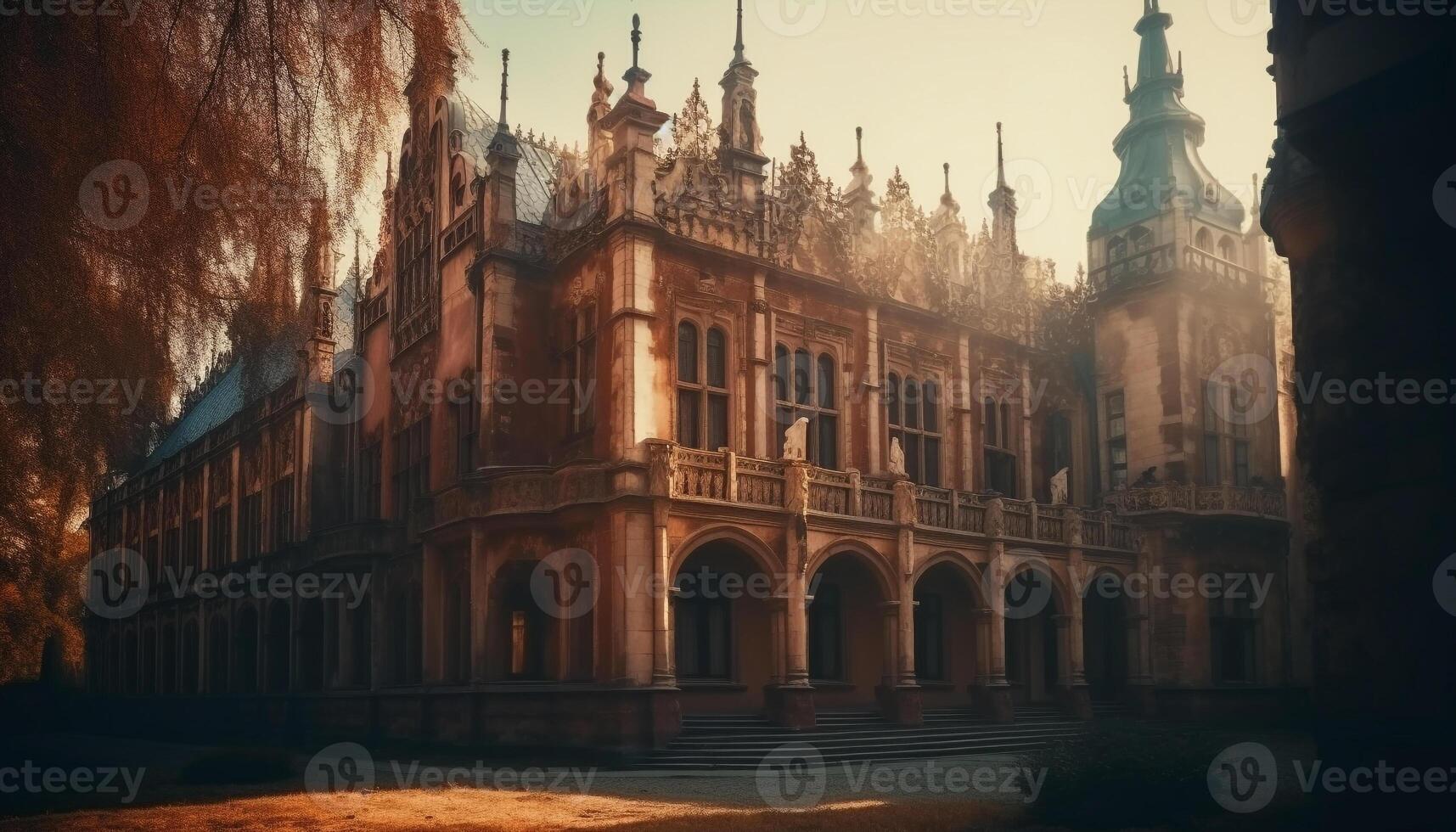 Illuminated cityscape with ancient monument, gothic arch, and medieval facade generated by AI photo