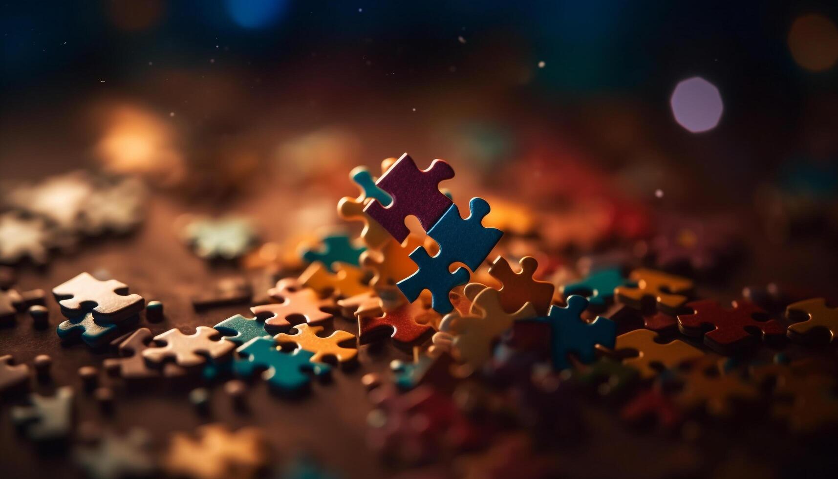 Vibrant jigsaw puzzle shapes illuminate teamwork and creative development generated by AI photo