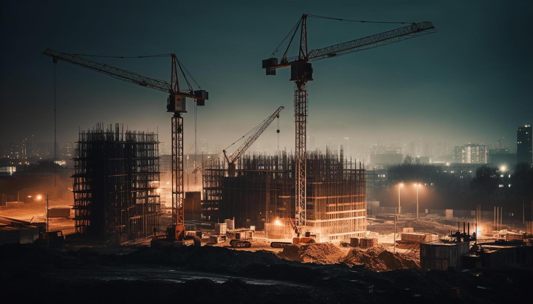 Modern factory design with dark cityscape and construction machinery activity generated by AI photo