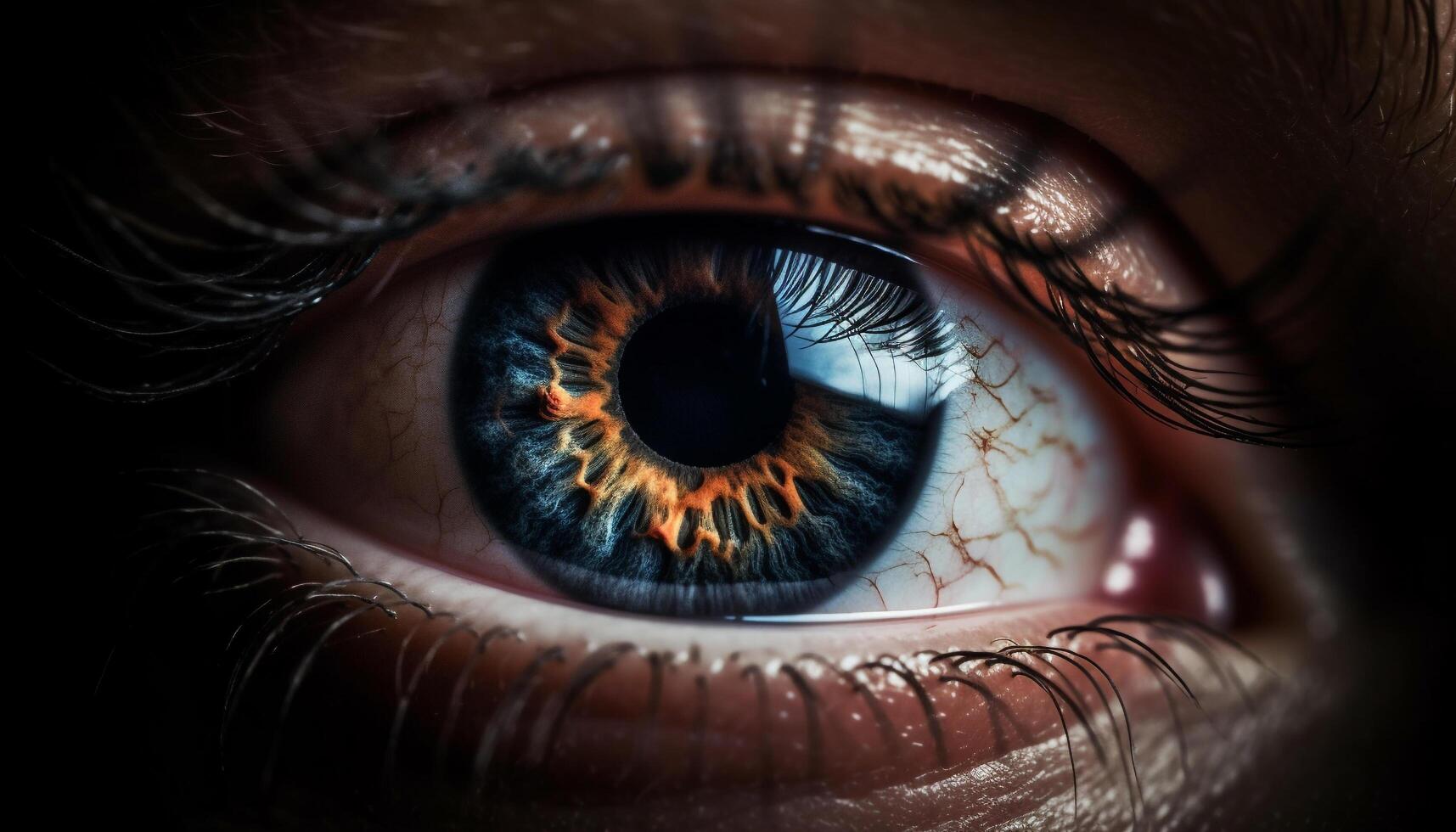 azul ojos mujer curioso con cerca arriba ojo, parte de retrato generado por ai foto