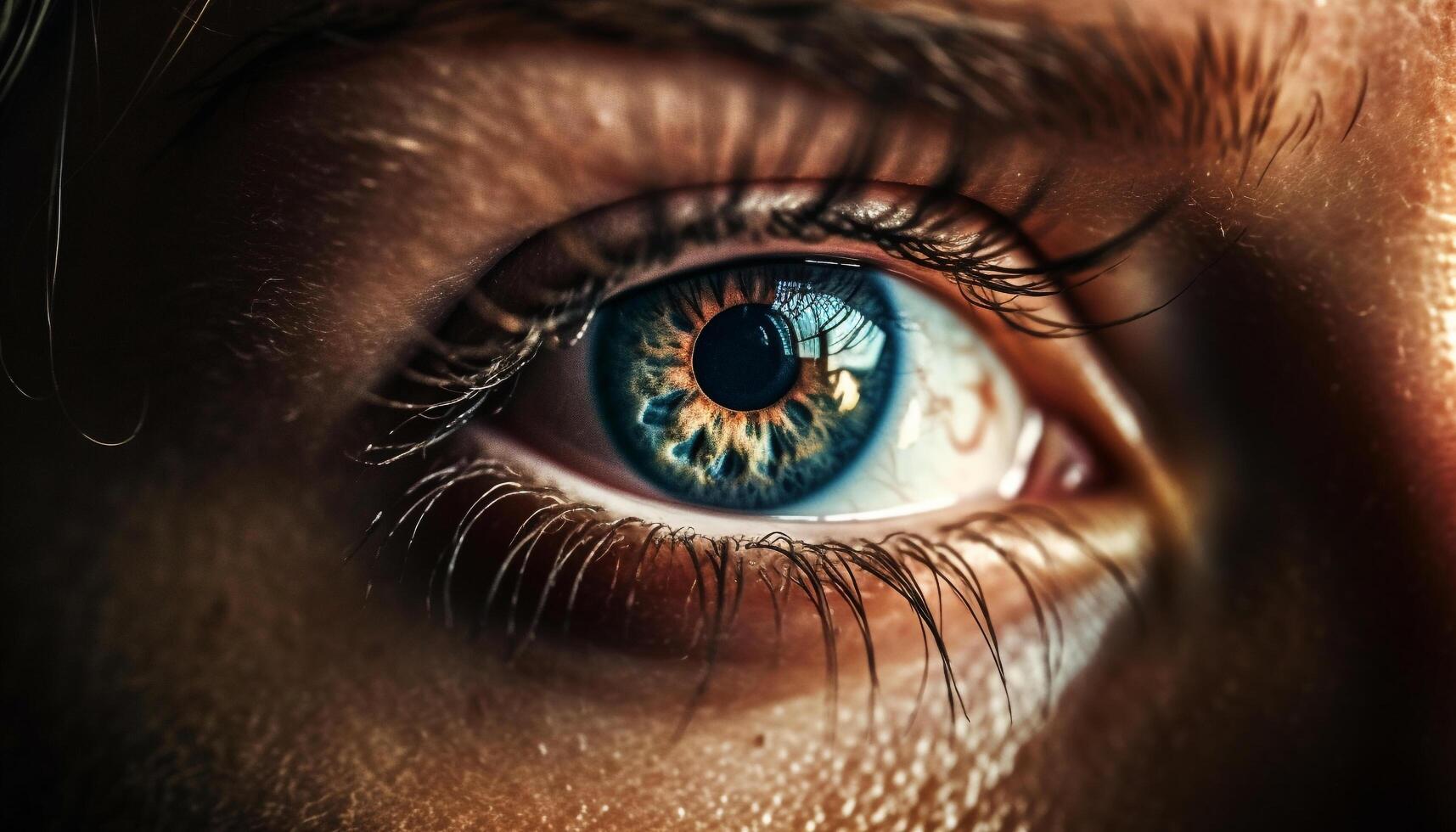 Selective focus on blue eyed woman macro iris in studio shot generated by AI photo