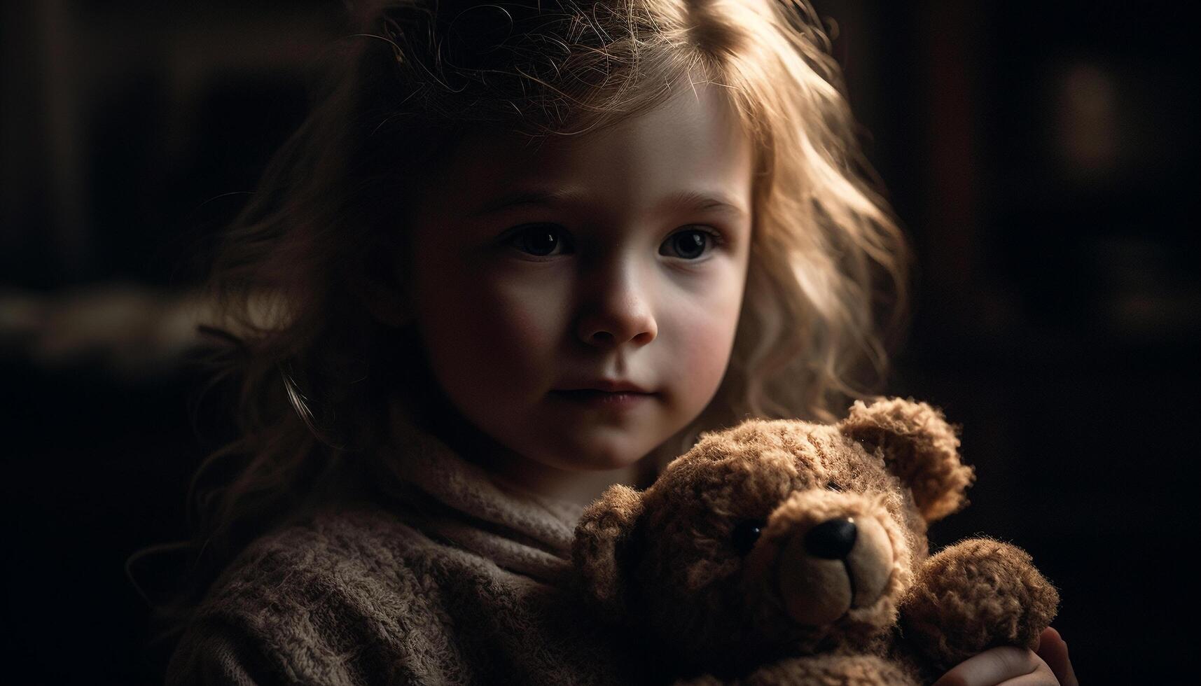 Cute Caucasian girl smiling, holding teddy bear, enjoying childhood indoors generated by AI photo