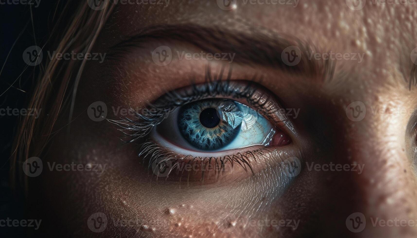 Fresh blue eyes staring, watching raindrop on young woman eyelash generated by AI photo