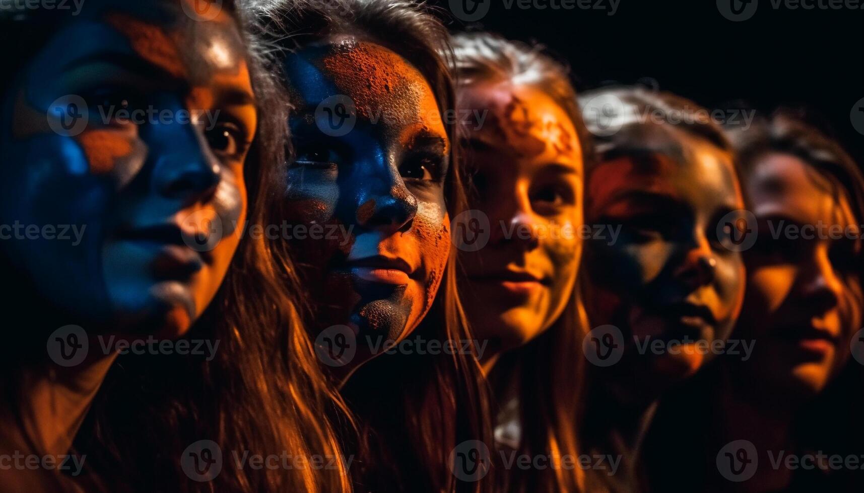 A multi ethnic group of people smiling in a night celebration generated by AI photo