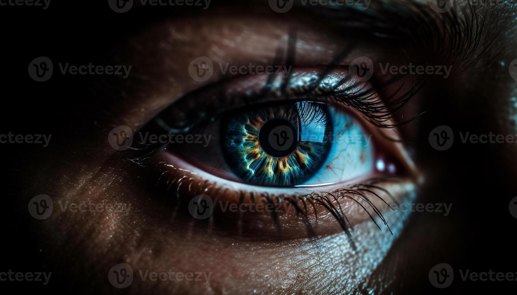 Blue eyed woman staring, macro lens captures beauty in close up generated by AI photo