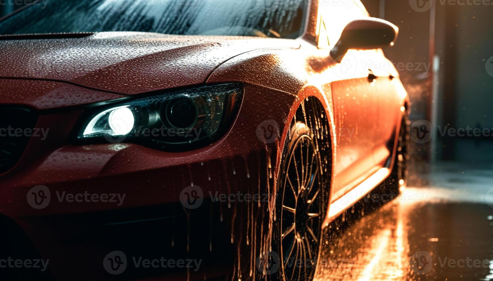 Speeding sports car splashes through wet city streets at night generated by AI photo