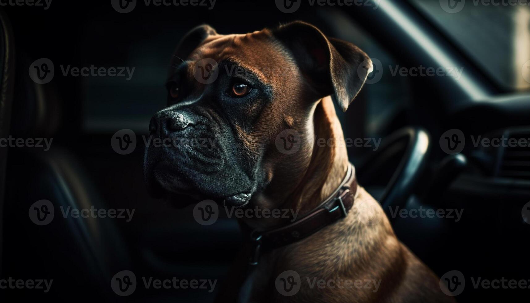 Cute terrier and bulldog sitting in car, looking at camera generated by AI photo