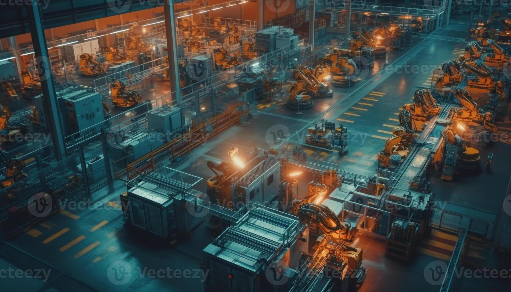 Modern metal factory with automated production line and heavy machinery generated by AI photo