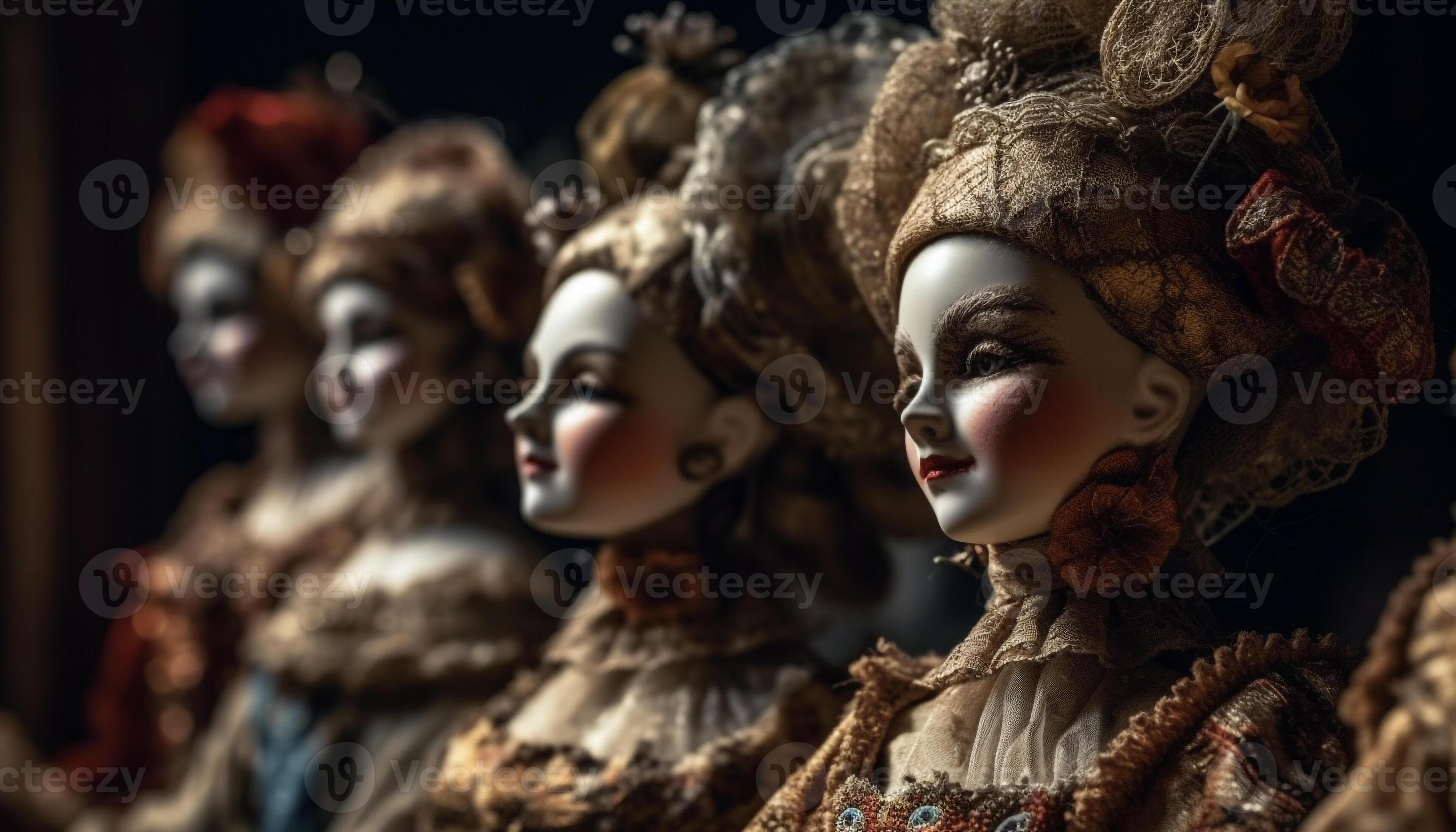 Antique dolls in traditional clothing decorate the majestic store front