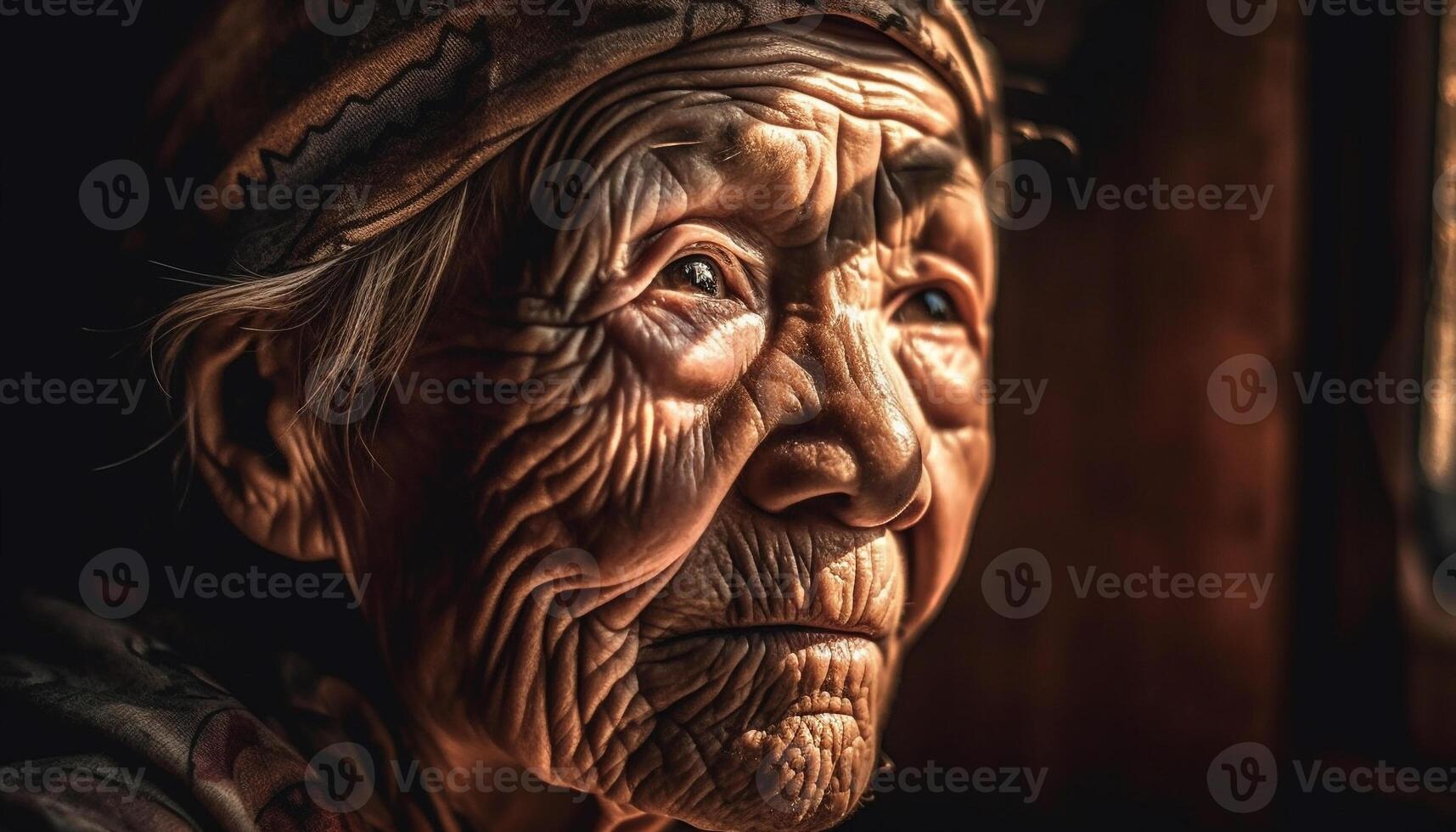Serene indigenous man, aging gracefully, embodies spirituality and traditional culture generated by AI photo