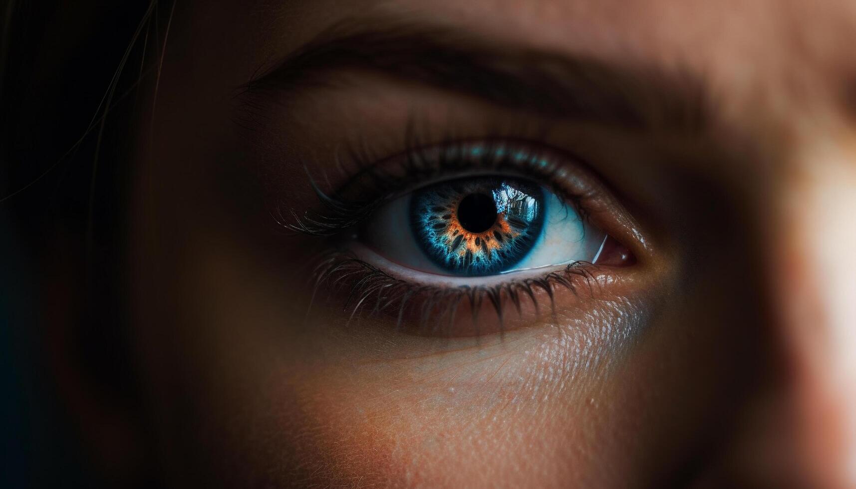 Young women and men staring, selective focus on blue eyes generated by AI photo