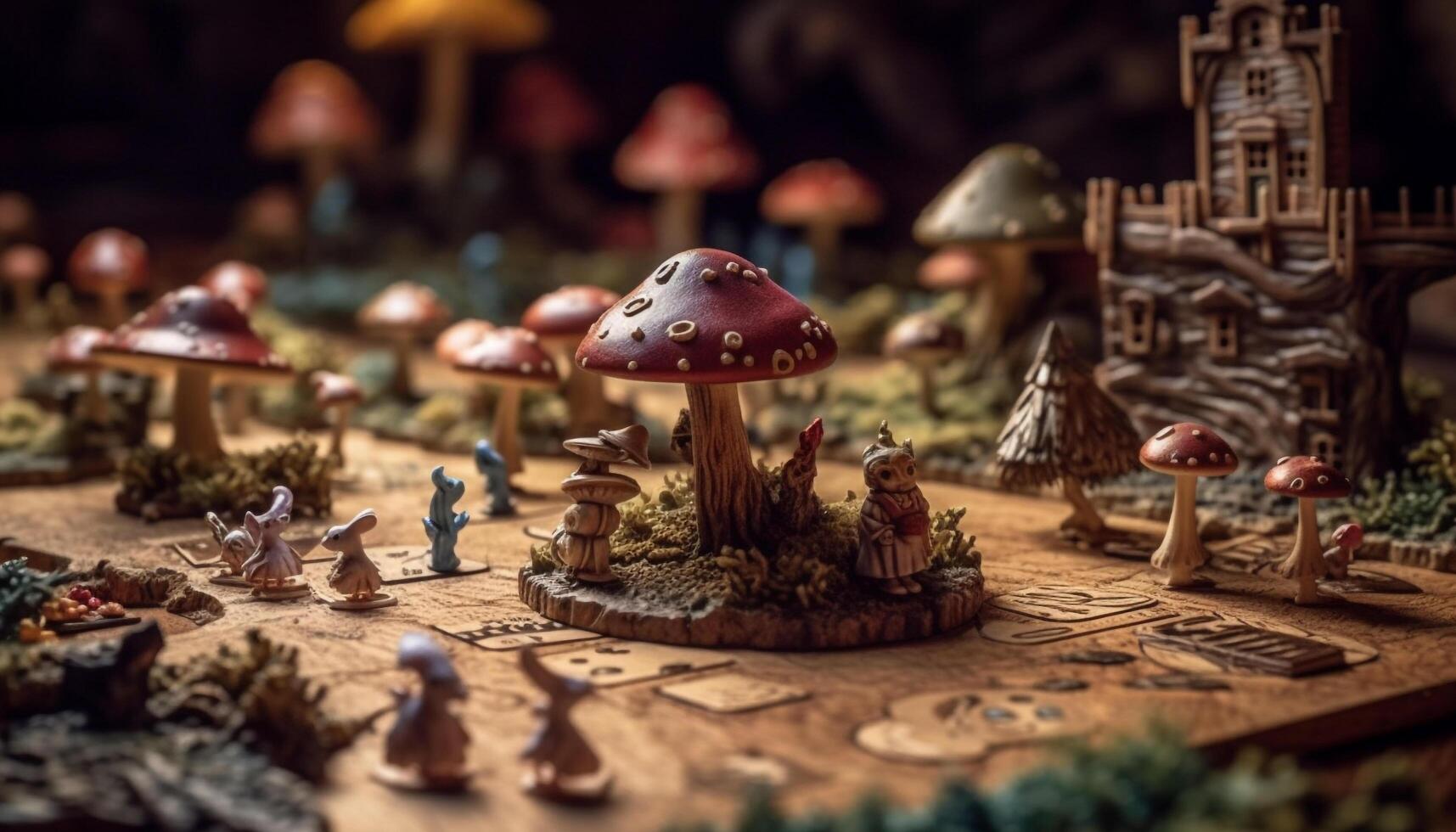 Organic growth of multi colored toadstools in uncultivated autumn forest generated by AI photo