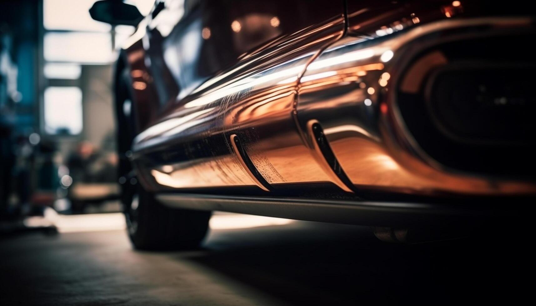 Vintage car driving through city streets at night, blurred motion generated by AI photo