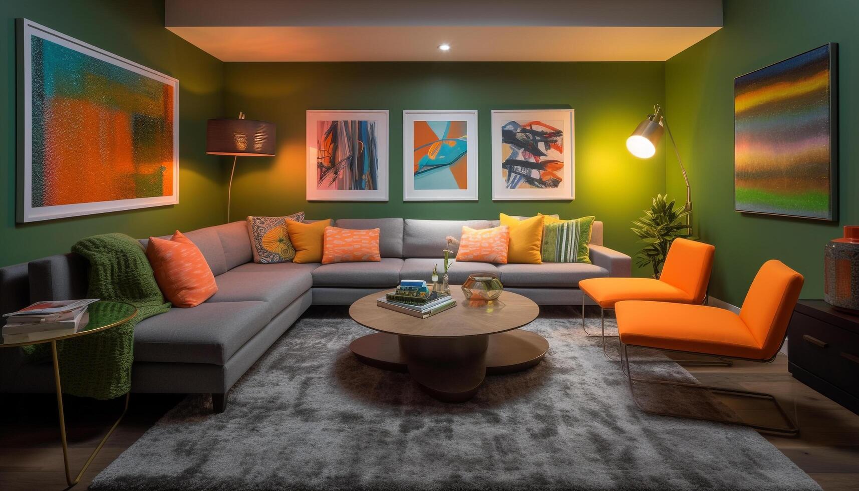 A modern, bright living room with green accents and illuminated coffee table generated by AI photo