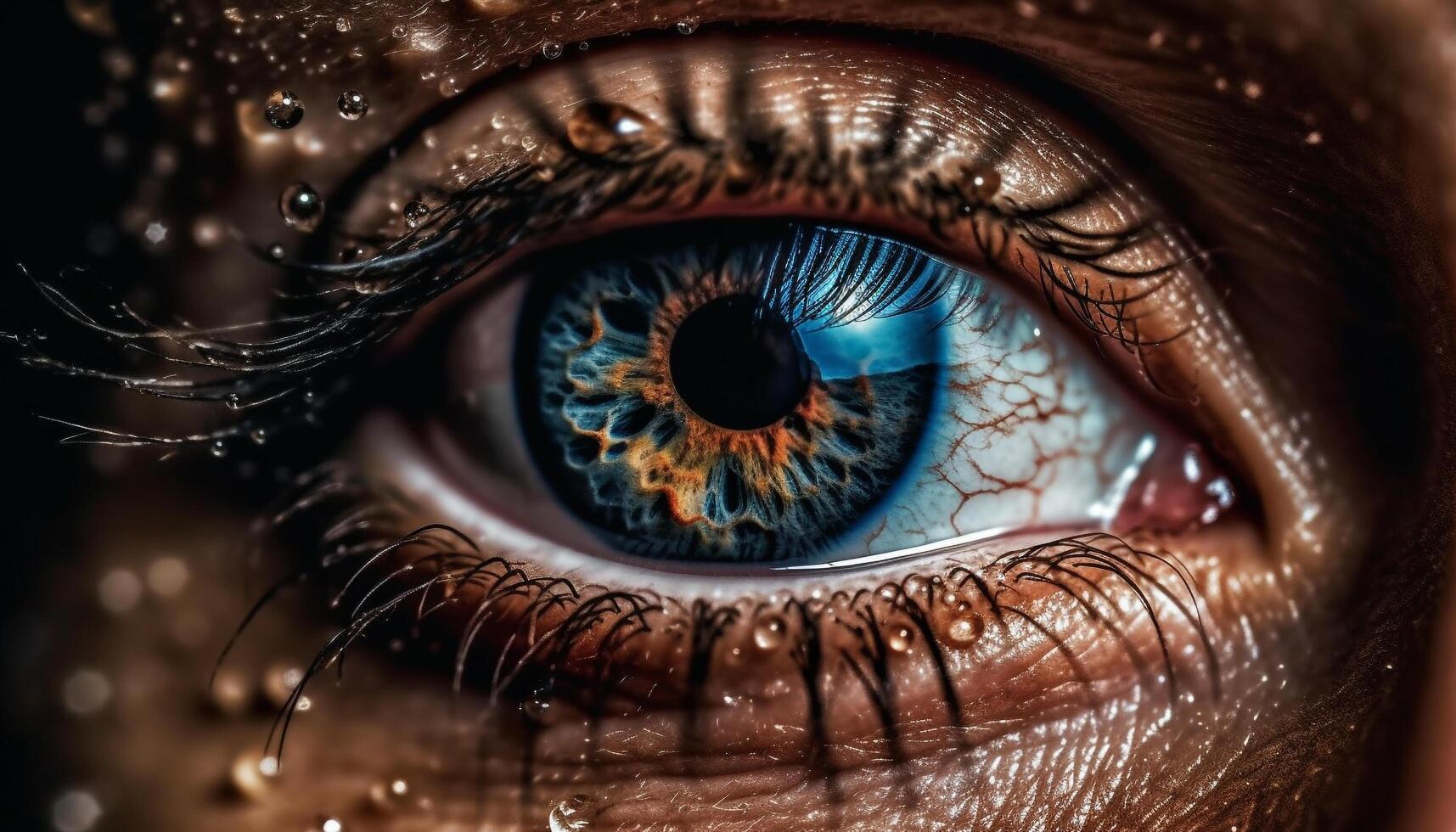 Blue eyed woman staring at camera with shiny wet iris generated by AI photo