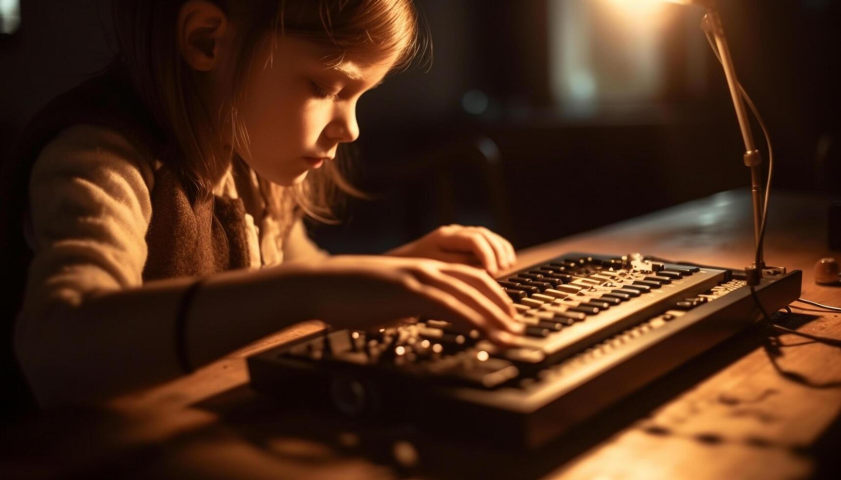 Cute Caucasian girl playing piano, typing on old fashioned typewriter generated by AI photo